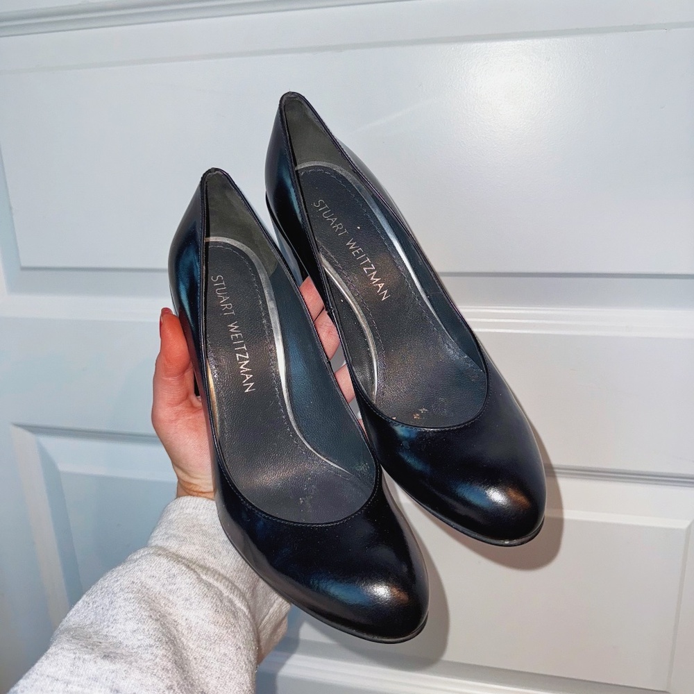 Stuart Weitzman Pronto Jet Mirror black patent leather block-heel pump